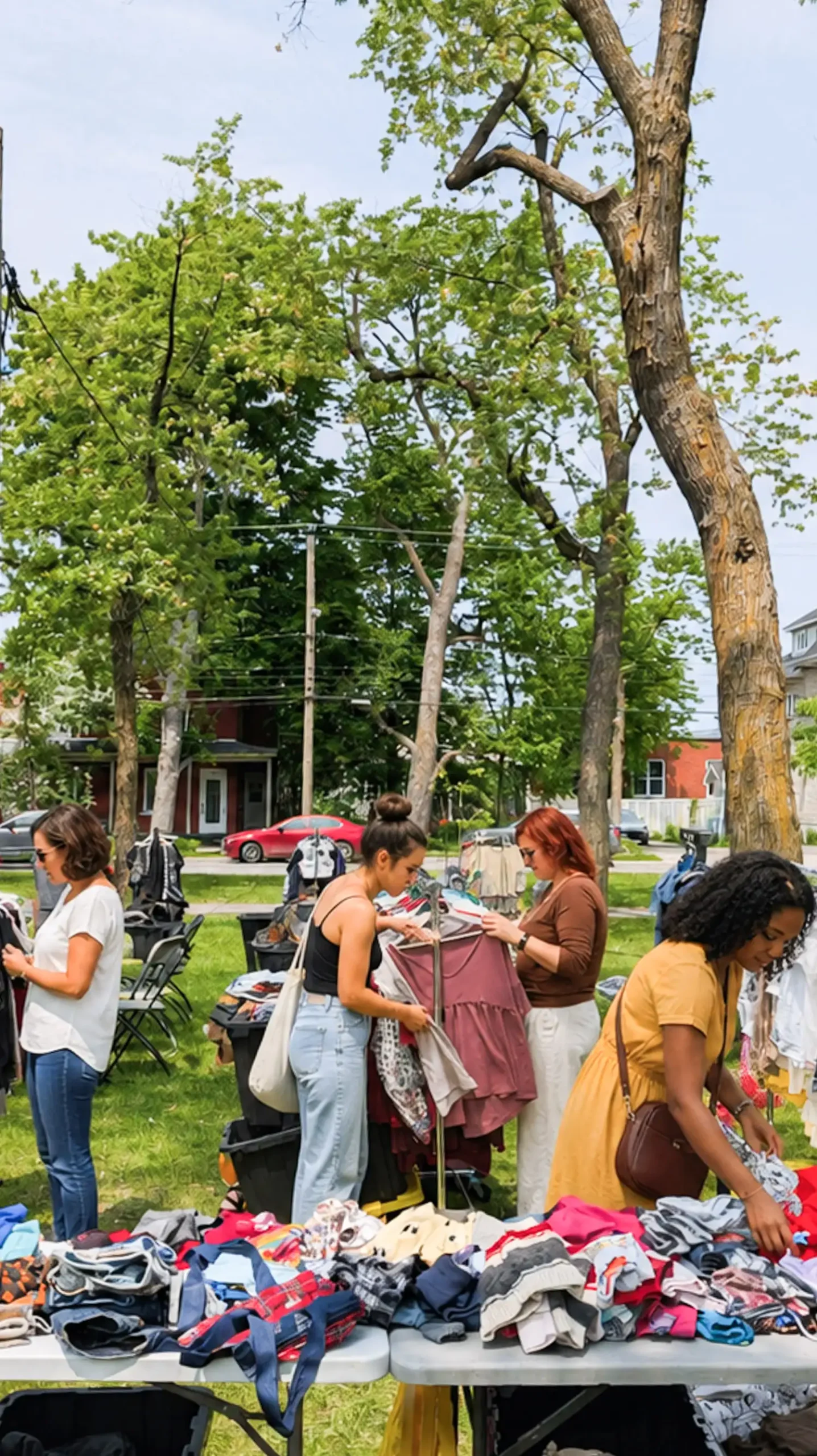 Des citoyens magasinent des vêtements de seconde main à la garde-robe collective Stop à Max, installé au parc Lajoie, pour favoriser le réemploi textile.