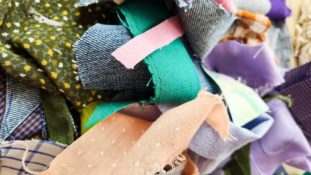 Retailles de tissus colorés utilisées pour des activités créatives de valorisation textile chez Textilab.
